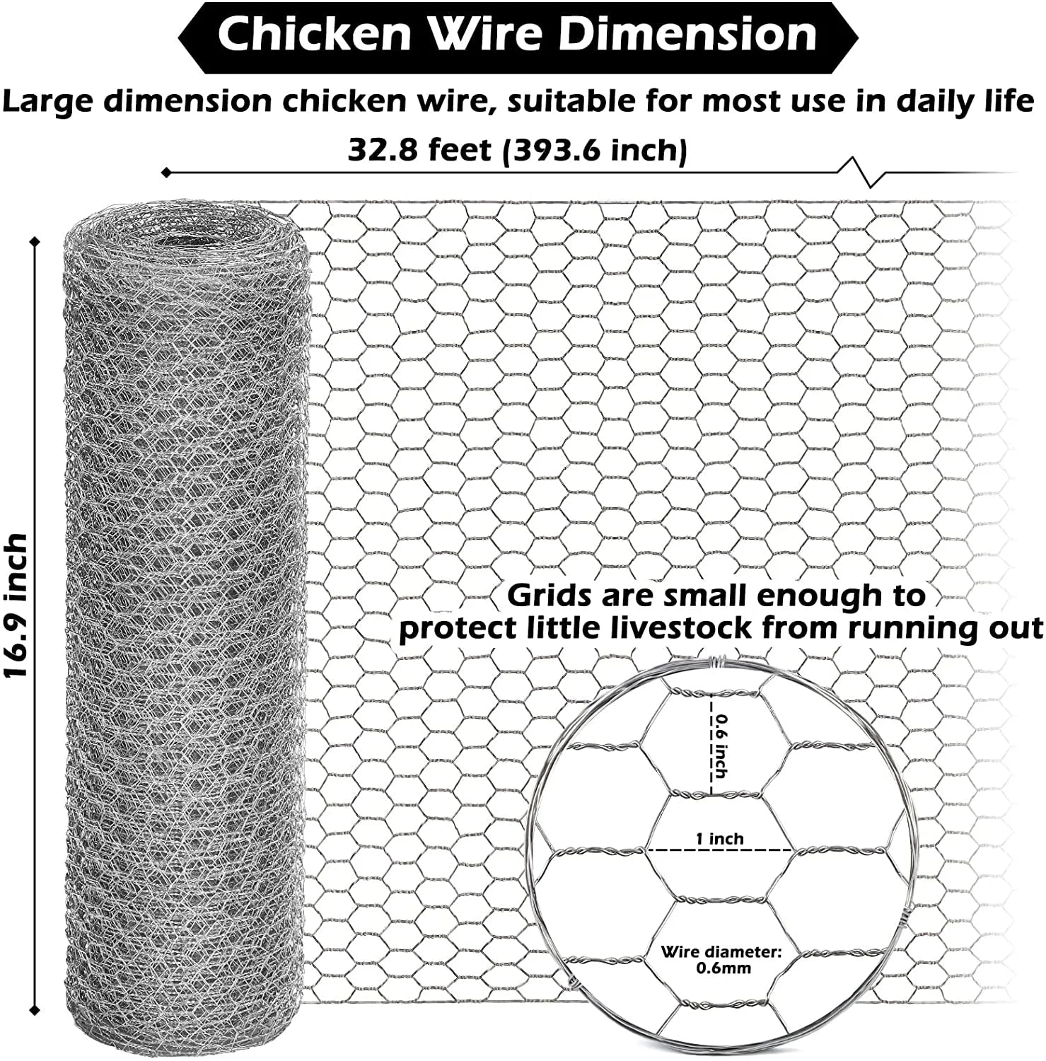 Chicken Wire Fencing, 16.9Inx32.8Ft Mesh Chicken Wire Mesh, 0.6'' Fences Hexagonal Hardware Cloth for Rabbit Cage, Silver Landscape