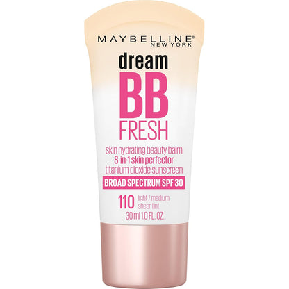 Maybelline Dream Fresh Skin Hydrating BB Cream, 8-In-1 Skin Perfecting Beauty Balm with Broad Spectrum SPF 30, Sheer Tint Coverage, Oil-Free, Light/Medium, 1 Fl Oz